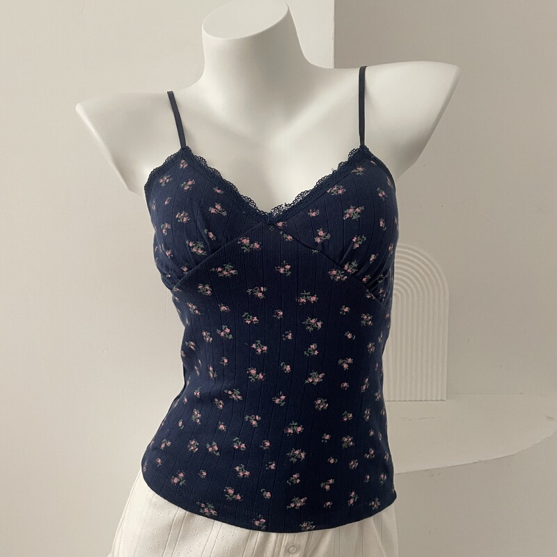 Bm French-Style V-Neck Lace-Trimmed Floral Camisole for Women, Summer Pure Desire Outerwear, Slim-Fit Base Top