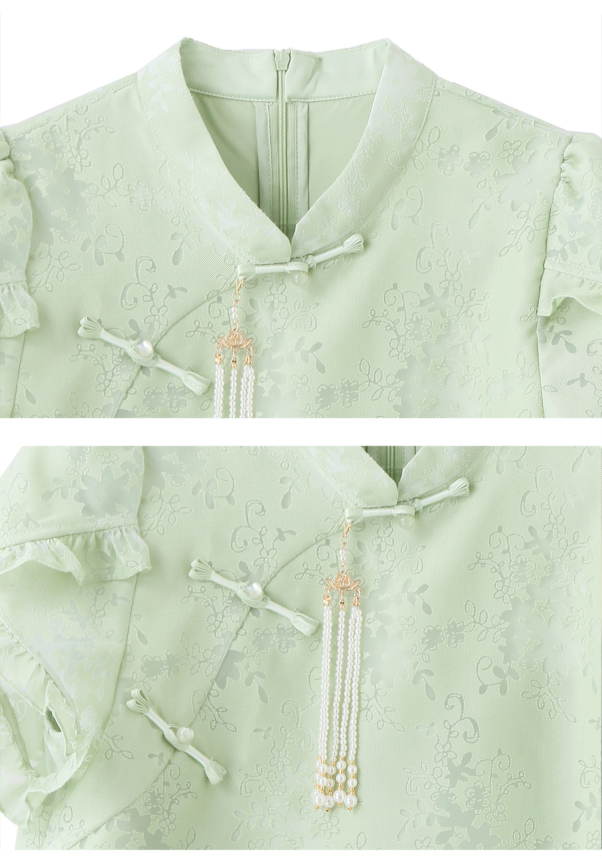 Bộ áo sơ mi họa tiết jacquard kết hợp quần ống rộng cạp thun hai mảnh thời trang — Vàng kem, xanh lá cây chi tiết 27