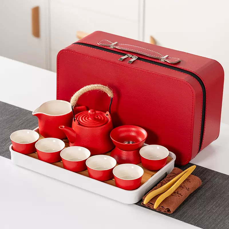 旅行功夫茶具路宝红色提梁壶陶瓷茶杯婚庆结婚喜庆年会伴手礼品