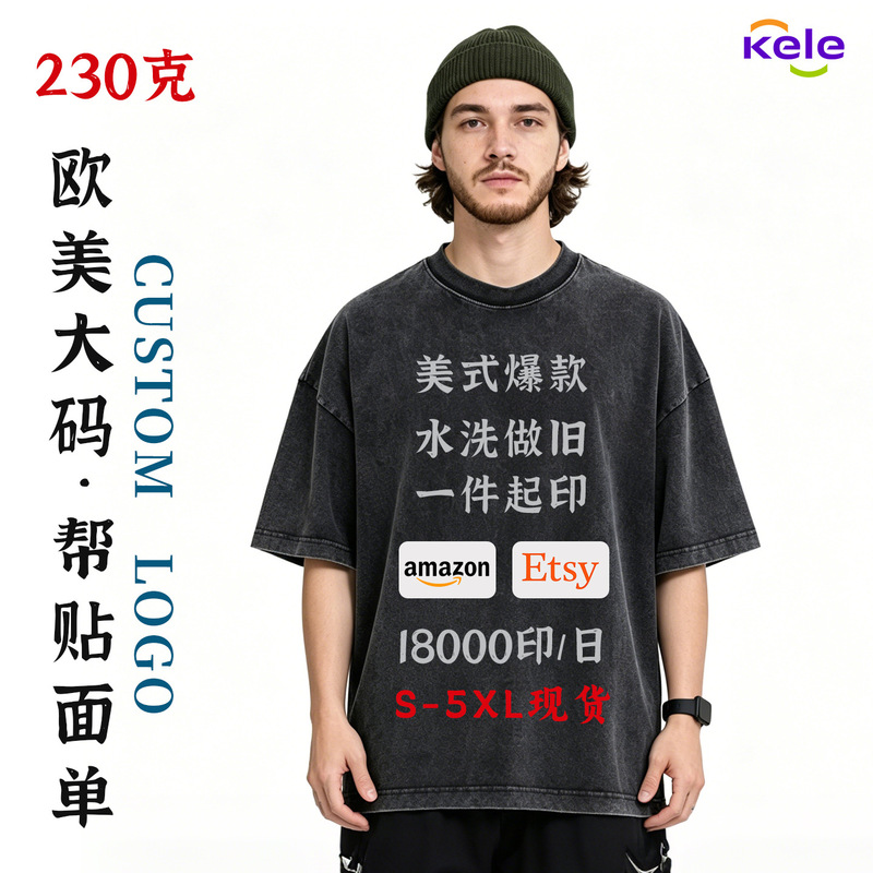 Cross-Border American-Style Washed Vintage Short-Sleeve T-Shirt with Snowflake Effect, Us Size, Trendy Brand, Amazon Hot-Selling Unisex T-Shirt with Printed Logo
