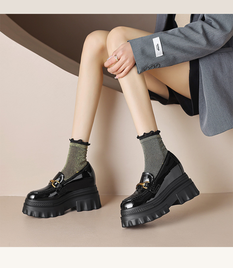 Giày loafer nữ mũi tròn đế xuồng platform tăng chiều cao, khóa kim loại — màu be, màu đen chi tiết 7