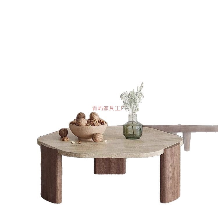 侘寂风实木洞石茶几极简小茶台小户型客厅家用圆形阳台大理石矮桌|undefined