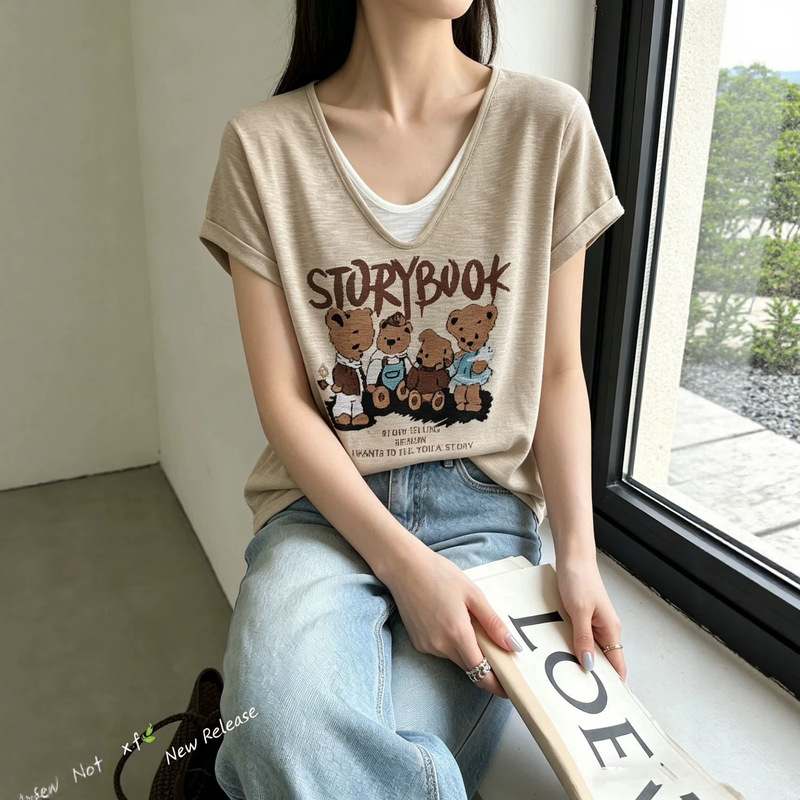 Cartoon Bear Knitted Short-Sleeved Loose and Versatile Casual Top Short-Sleeved T-Shirt Summer New Retro American Style Slim Fit