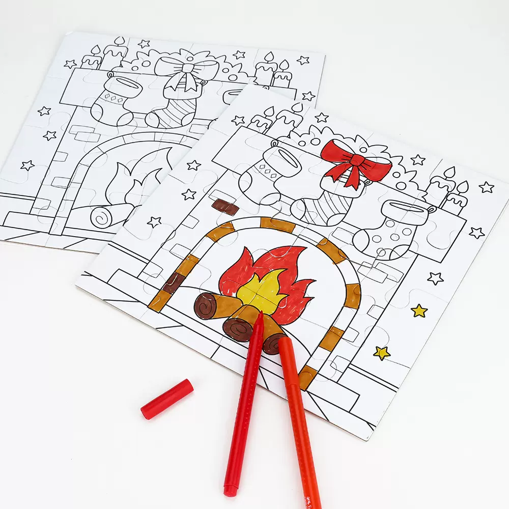 儿童益智玩具纸质填色画拼图 加厚纸板圣诞填色拼图