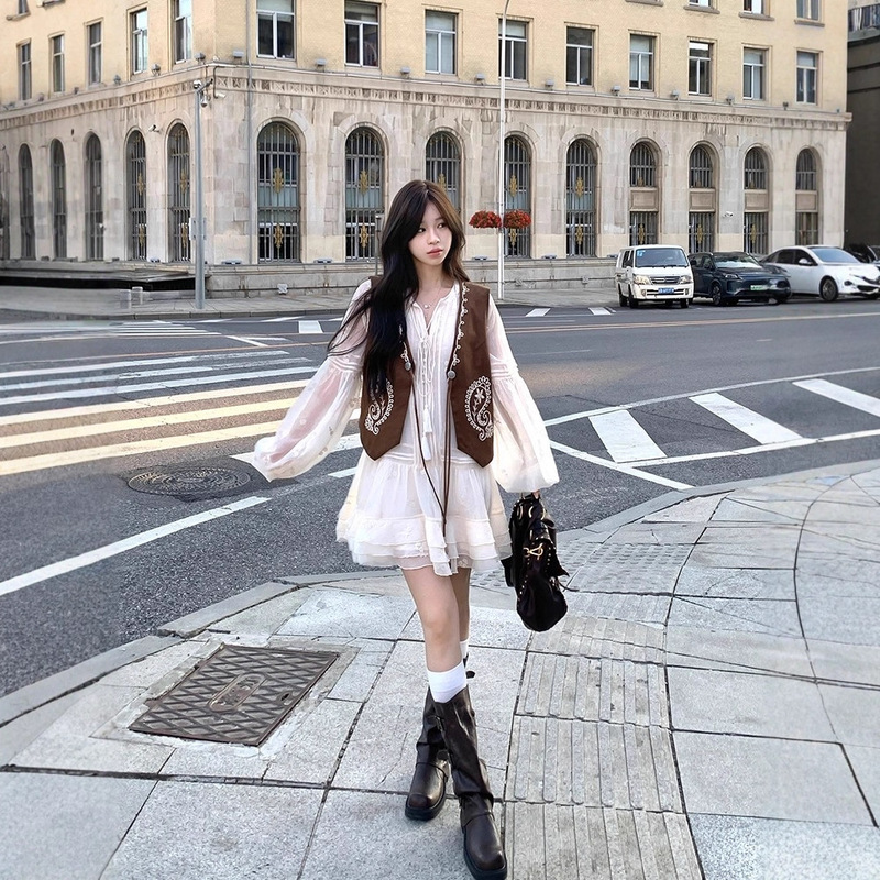 Adan Suede Stereo Embroidered Vest Autum Maillard Retro Versatile Design Vest Sleeveless Top for Women