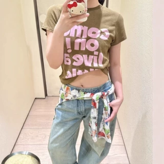 2026春夏新款小众设计简约风字母印花麻棉圆领套头短袖T恤女