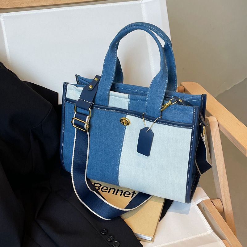 Stitching Denim Handbag Women's New Arrival Stylish All-Match One-Shoulder Underarm Bag Capacitance Tote Bag Women's Bag Stitching Denim Handbag Women's New Arrival Stylish All-Match One-Shoulder Underarm Bag Capacitance Tote Bag Women's Bag