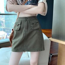 显高小个子工装牛仔裙灰绿色女2025年别致口袋包臀短裙子潮流新款