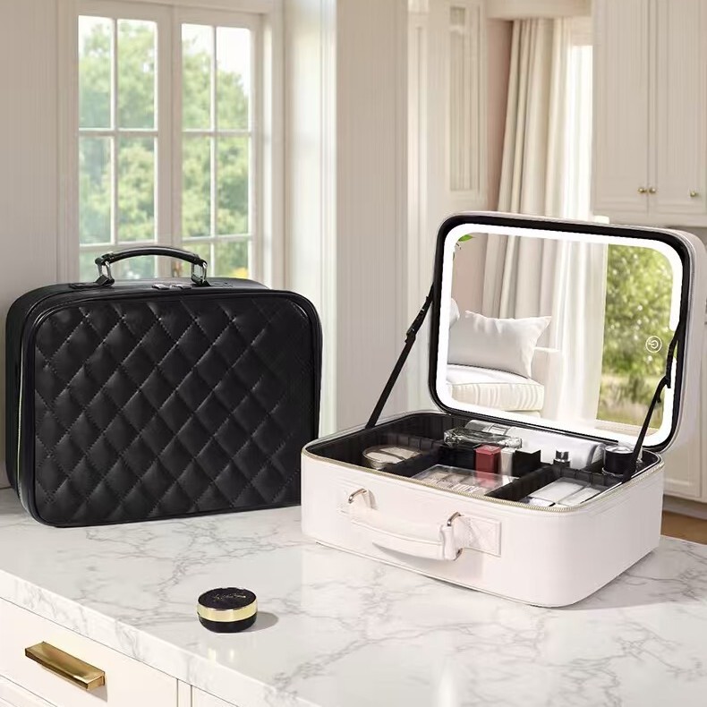 New High-End Makeup Bag with Mirror, Large Capacity Cosmetic Case, Led Light, Divided and Layered Storage Bag