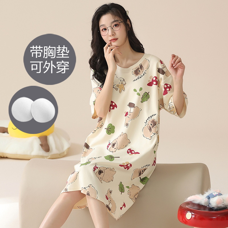 2024 verano corbata redonda cojín en el pecho pijama mujer camisón de dibujos animados estampado de manga corta se puede usar falda delgada de longitud media para niña