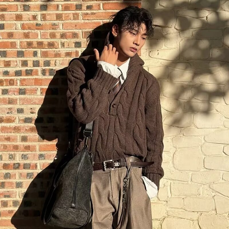 Men's Cable Knit Sweater Chunky Embossed Texture Pullover Jumper_voghion.com