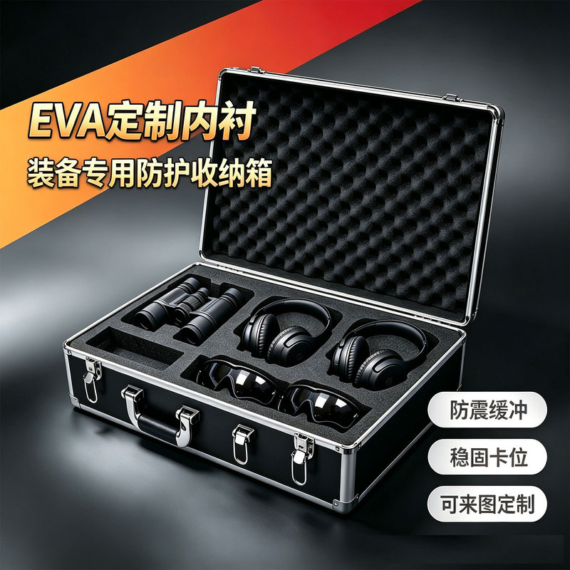 Aluminum alloy equipment protective case with EVA grooved lining for telescopes, headphones, goggles, instruments, and tool boxes