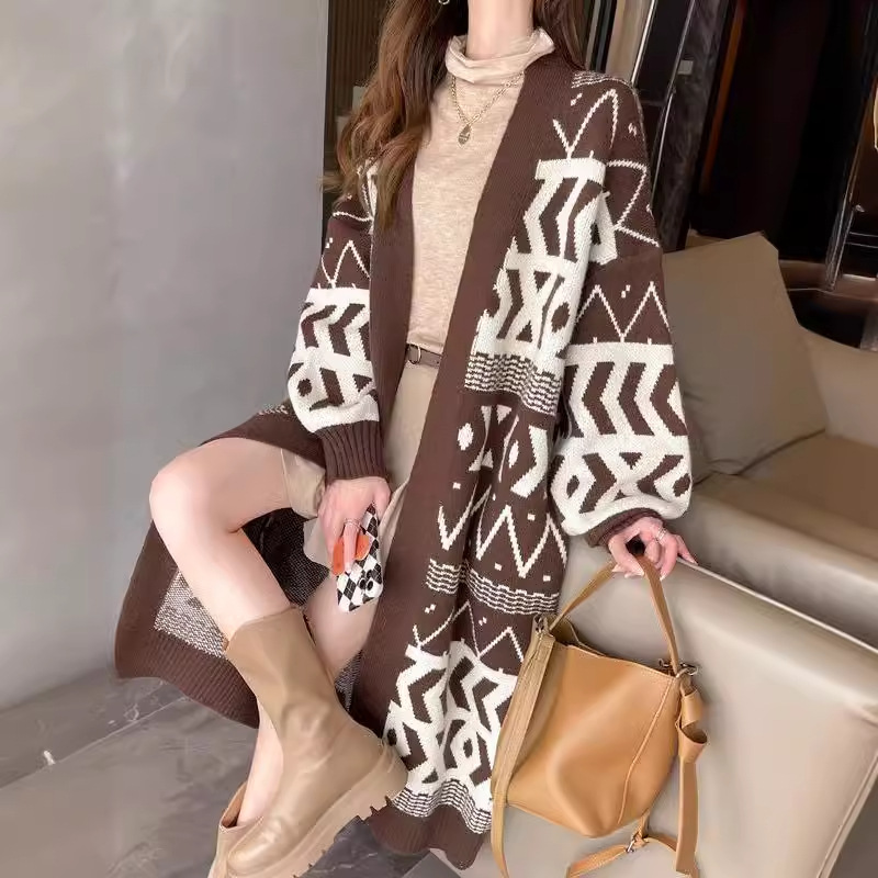 Cardigan tricoté de style coréen pour femmes, pull au dessus du genou, ample, slim, géométrique, style paresseux, manteau long, nouvelle collection_voghion.com