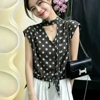 时尚飘带轻奢V领无袖衬衫女夏季新款设计感小衫洋气百搭减龄上衣