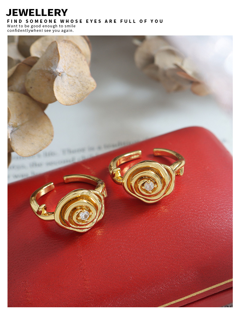 French Style Flower Copper Open Ring Zircon Copper Rings