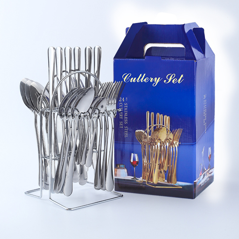 Amazon popular vajilla de acero inoxidable 24 piezas traje 1010 cuatro piezas principales cuchillo de comida occidental, tenedor y cuchara traje rack caja de regalo
