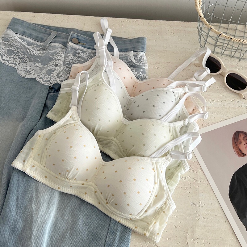 Wave Dot Ice Silk No Steel Ring Sweet Breathable Underwear Female Student Comfortable Small Chest Gathering Cute Anti-sagging Bra
