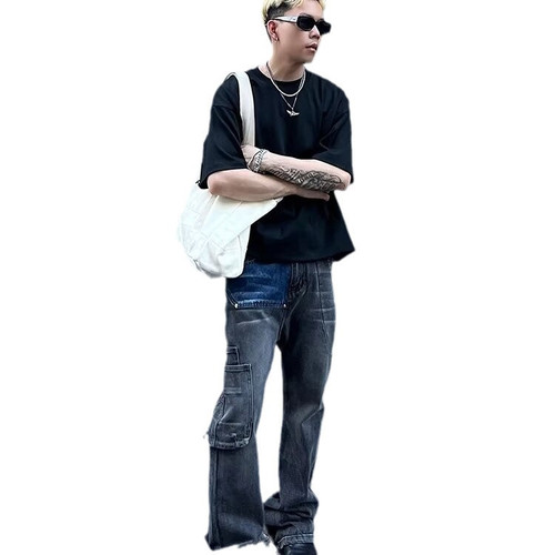 American street vibe, washed distressed color-block pocket cargo logging jeans for men, straight leg, slightly flared, trendy