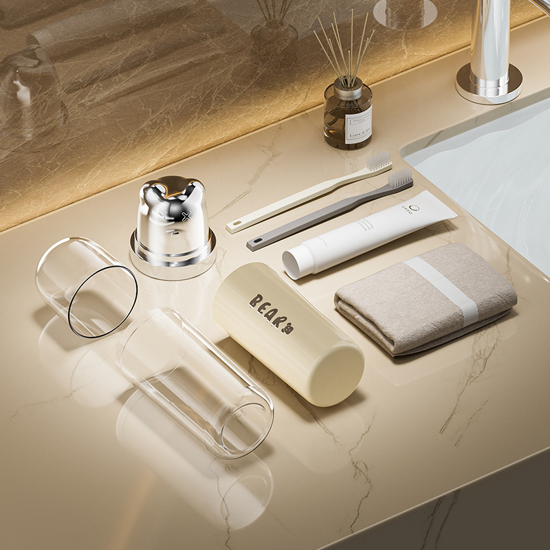 Taza de enjuague de oso portátil de viaje 3 en 1 caja de almacenamiento de aparatos dentales de alto valor facial artículos de higiene