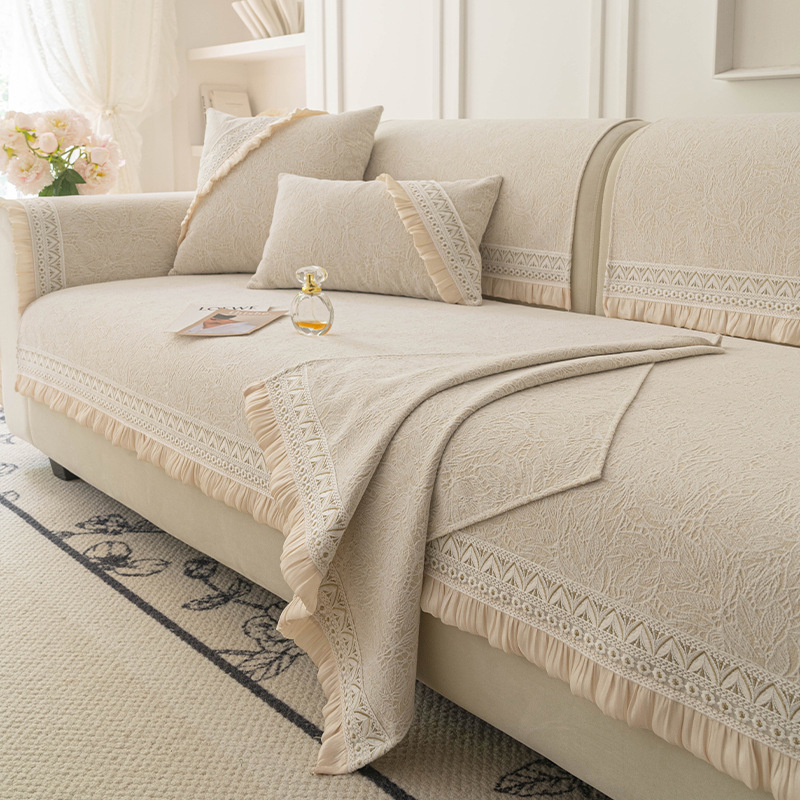 Chenille Sofa Anti-Slip Mat, Universal for All Seasons, High-End Sofa Cover, European-Style Lace Sofa Cover Cloth for Three People