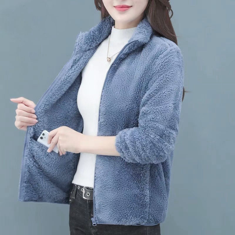 Women's Trendy Winter Fleece-Lined Thick Double-Sided Fleece Stand Collar Warm Sweatshirt Cardigan with Zipper Fleece Jacket