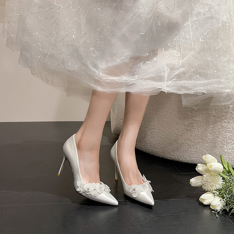 Satin White Flower French Wedding Shoes Bridal Shoes Fairy Style Bridesmaid Dress High Heels Stiletto Large Size