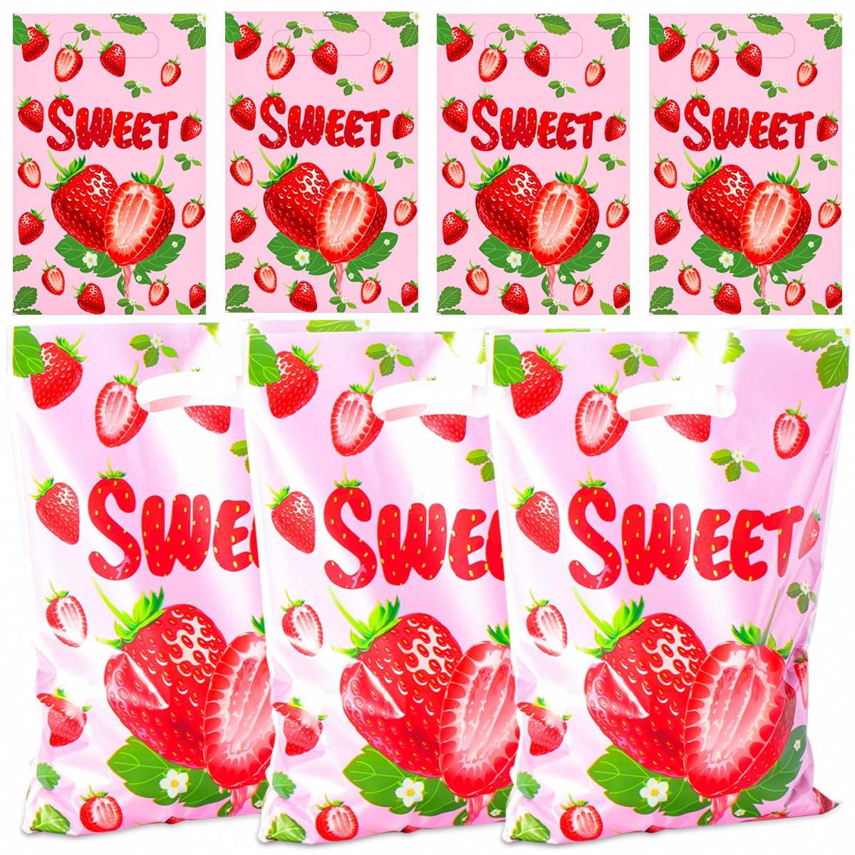厂家现货外贸珠光膜四指袋草莓派对礼品袋糖果袋水果礼物袋可印刷