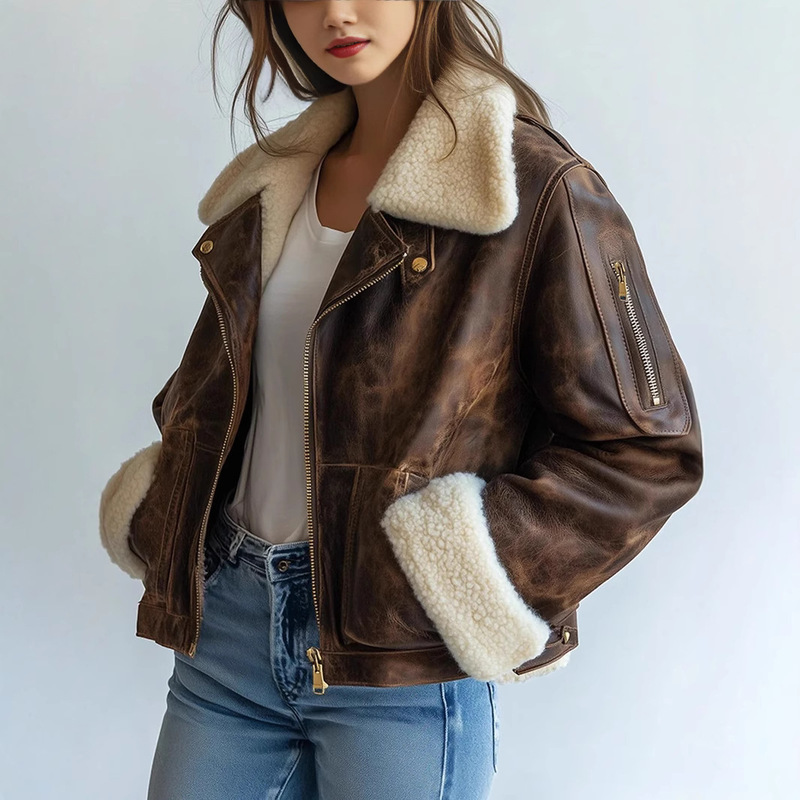 Cross-Border Export Women's Clothing Autumn and Winter New Style Washed Pu Leather Splicing Lamb Wool Zipper Decorative Motorcycle Jacket