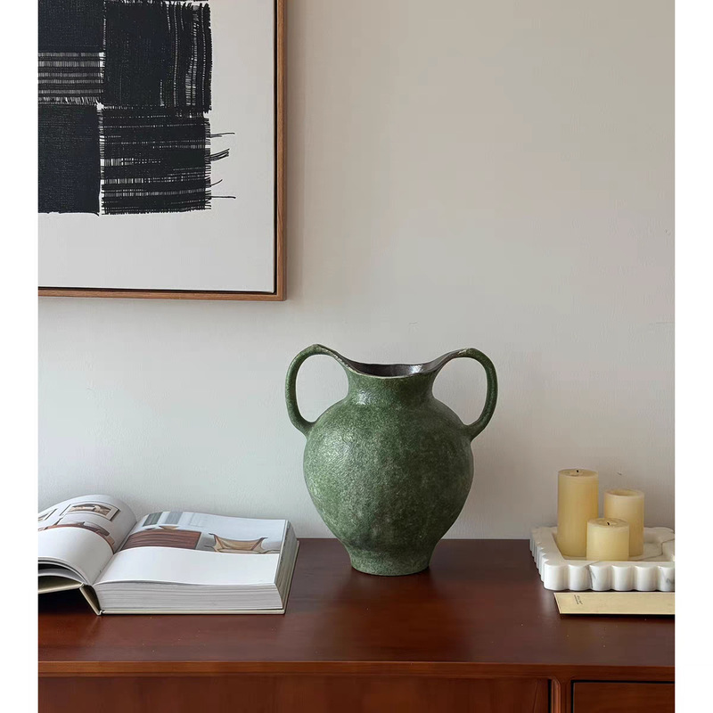 Jifeng New Chinese Style Double-Handled Coarse Pottery Vase, Ceramic Jar, Green Home and Guesthouse Decorative Ornament Jifeng New Chinese Style Double-Handled Coarse Pottery Vase, Ceramic Jar, Green Home and Guesthouse Decorative Ornament