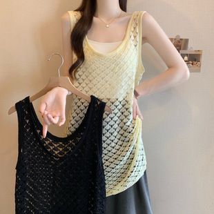 Real Shot of Plus Size Cut Out Layered Vest Dress for Women, Summer Mid-Length Top for Fat Girls, Versatile Slightly See-Through Outer Blouse