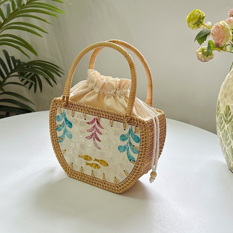 Semicircle Shape Women's Medium Straw Flower Vintage Style Beach Weave String Straw Bag
