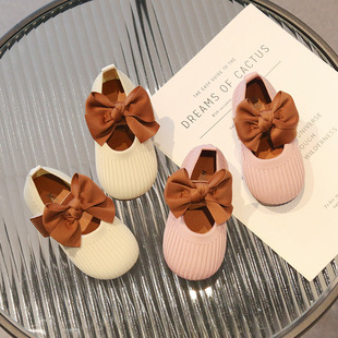 Children's Flats 2025 Spring New Korean Style Bow Girls Princess Shoes Kidsren's Fly-Knit Soft-Soled Baby Shoes