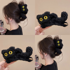 黑色可爱猫咪毛绒抓夹女秋冬高级感盘发发夹后脑勺大号鲨鱼夹头饰