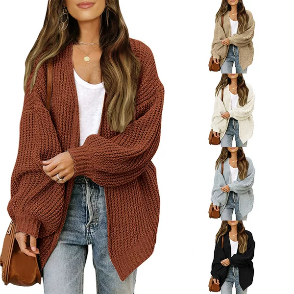 2023 Autumn and Winter Amazon Foreign Trade Women's Long Sleeve Lantern Sleeve Solid Color Loose Knitted Cardigan Chunky Knit Sweater for Women