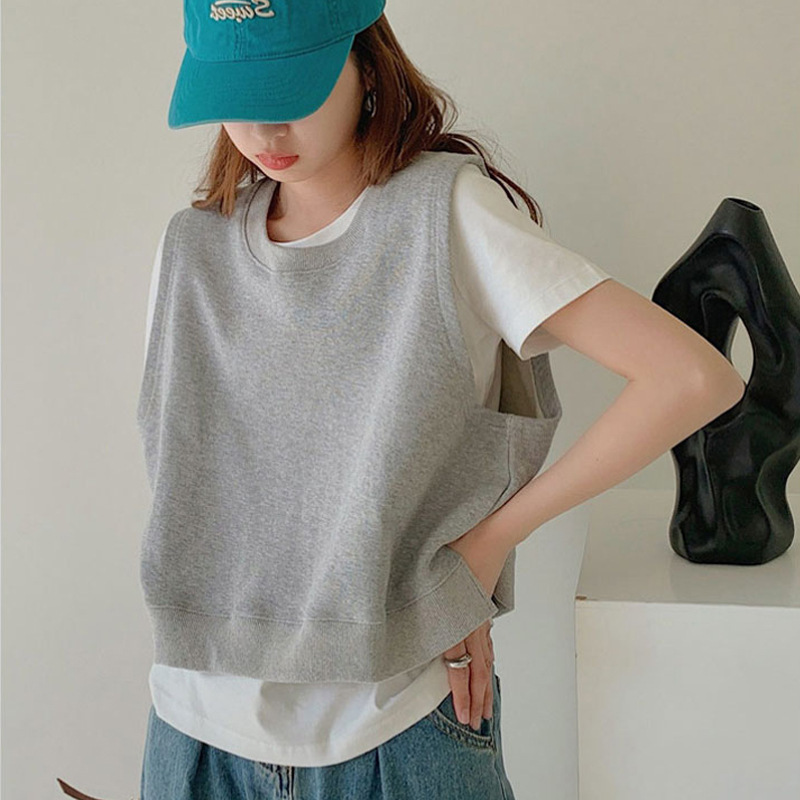 Spring and Autumn Grey Short Pure Cotton Vest Vest Women's Design Sense Niche Sweater Waistband Vest Stacked Sleeveless Top