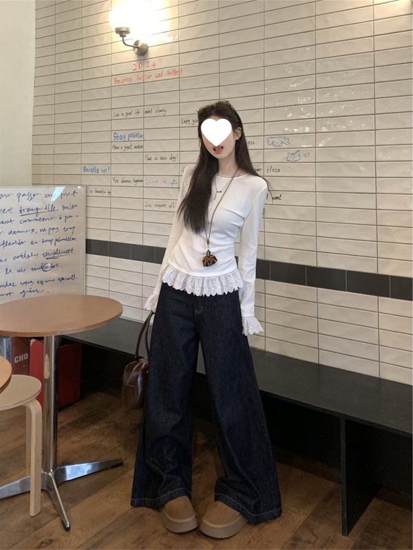 韩系边圆领长袖打底衫女早春款长袖内搭蕾丝花边下摆t恤上衣|undefined