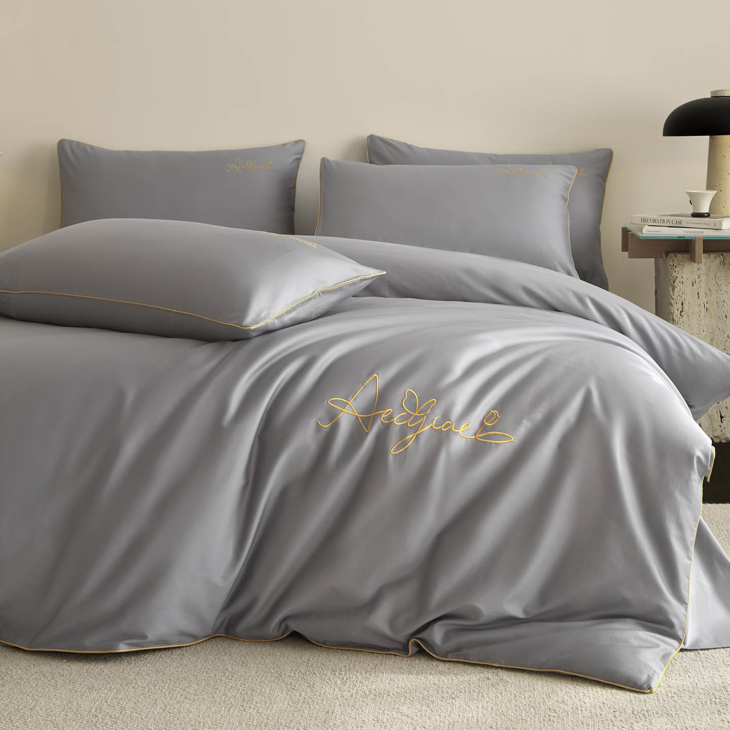 Hot-Selling All-Season Solid Color Twill Cotton Four-Piece Set, All-Cotton Bed Sheet, Fitted Sheet, Pure Cotton Duvet Cover, Embroidered Bedding Three-Piece Set