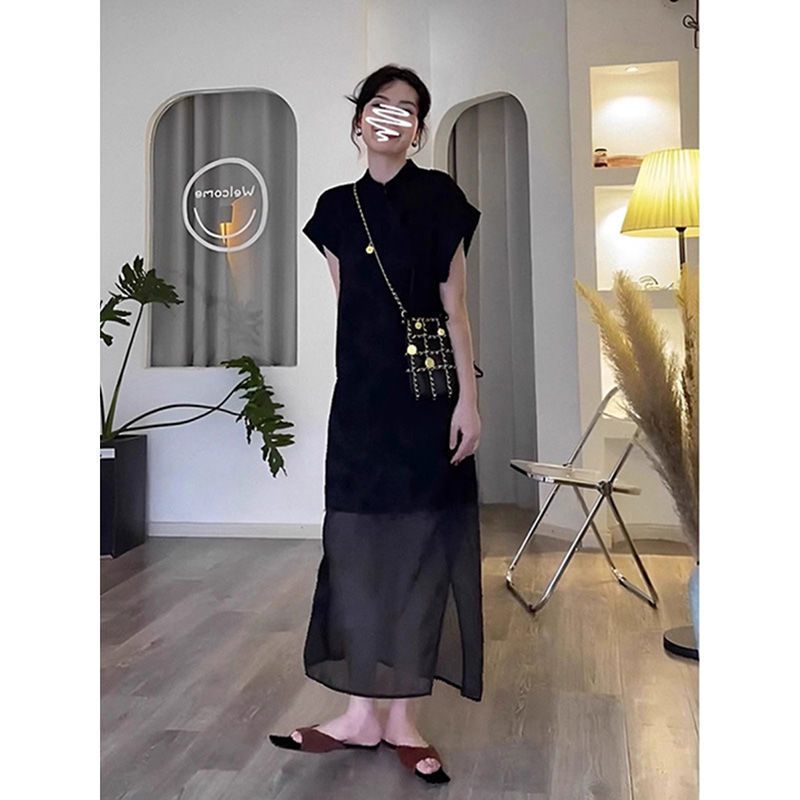 Chinese-Style Modernized Qipao Patchwork Dress 2026 Summer New Design Black Sheer Straight Long Dress Chinese-Style Modernized Qipao Patchwork Dress 2026 Summer New Design Black Sheer Straight Long Dress