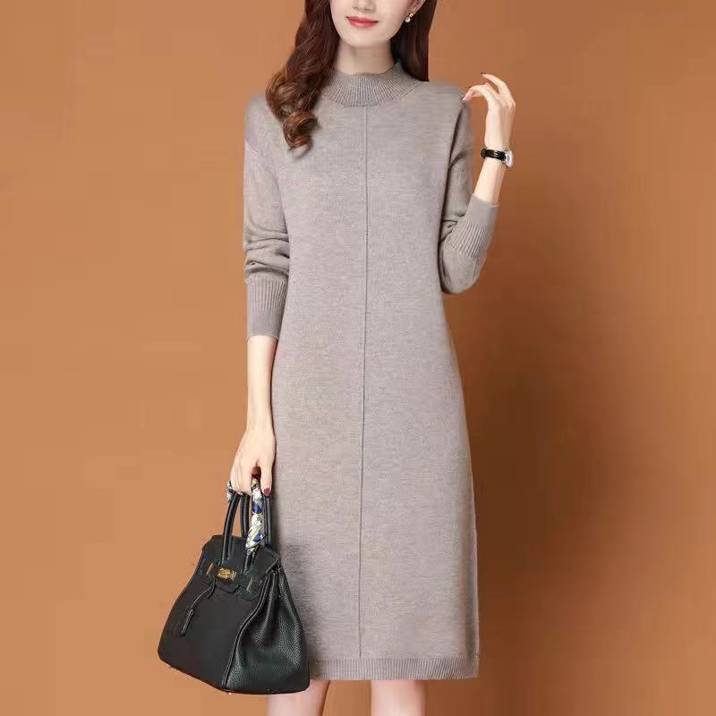 Women's Mid-Length Autumn and Winter Pure Color Half Turtleneck Knitwear over the Knee Red Inner Thickeneded Bottoming Knitwear Dress Women's Mid-Length Autumn and Winter Pure Color Half Turtleneck Knitwear over the Knee Red Inner Thickeneded Bottoming Knitwear Dress