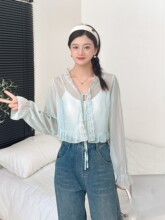 2023夏季新款韩版冰丝仙气少女蕾丝边长袖防晒开衫外搭上衣女