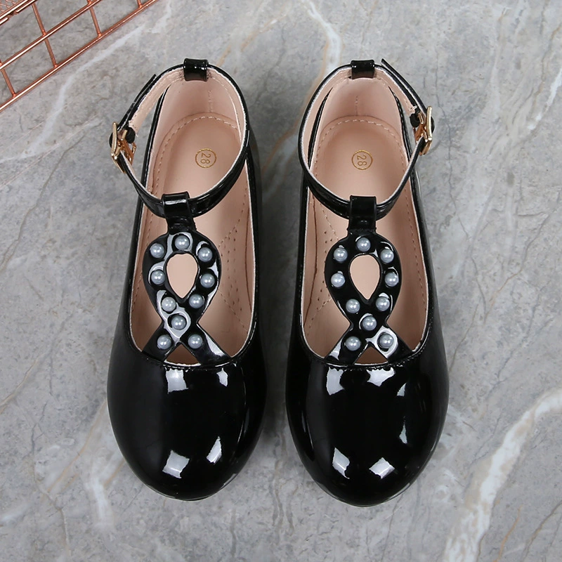 Детские туфли для выступлений из черного жемчуга для девочек, туфли в стиле принцессы, весенне-осенний стиль, студенческий стиль.
