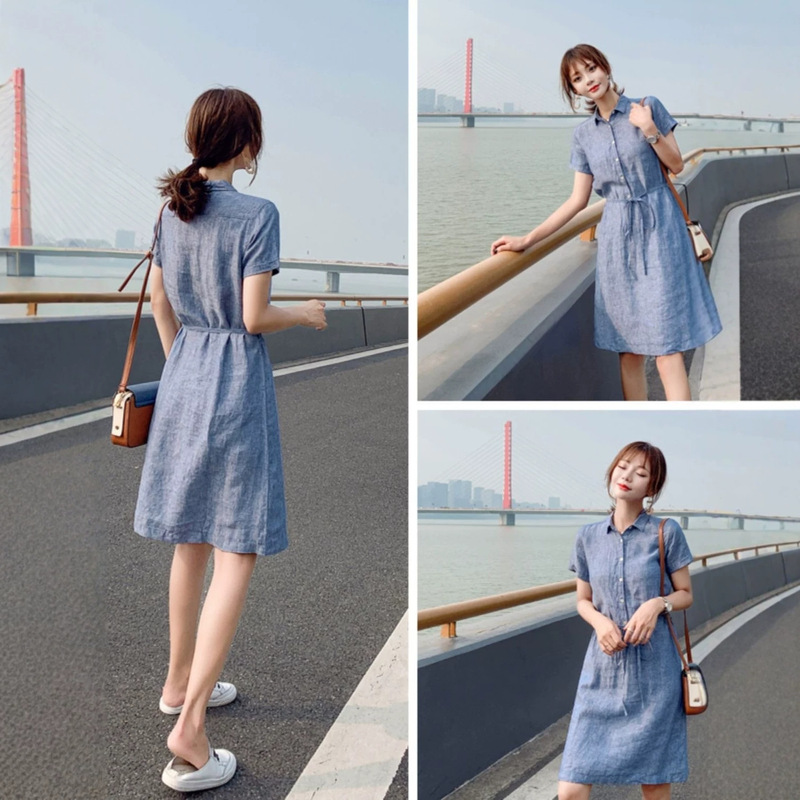 High-End Cotton and Linen Dress for Women, Summer New Style, Waist-Cinching, Plus Size, Slimming, Elegant, Petite, Linen Belt Shirt Dress