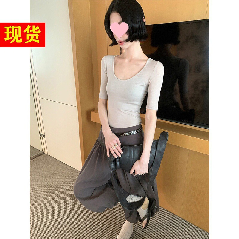 In Stock Mona Tencel Wool Mid-Sleeve T-Shirt for Spring and Summer, Slim Fit, Slightly Stretchy, Skin-Friendly, Breathable, Solid Color U-Neck/Round Neck Top