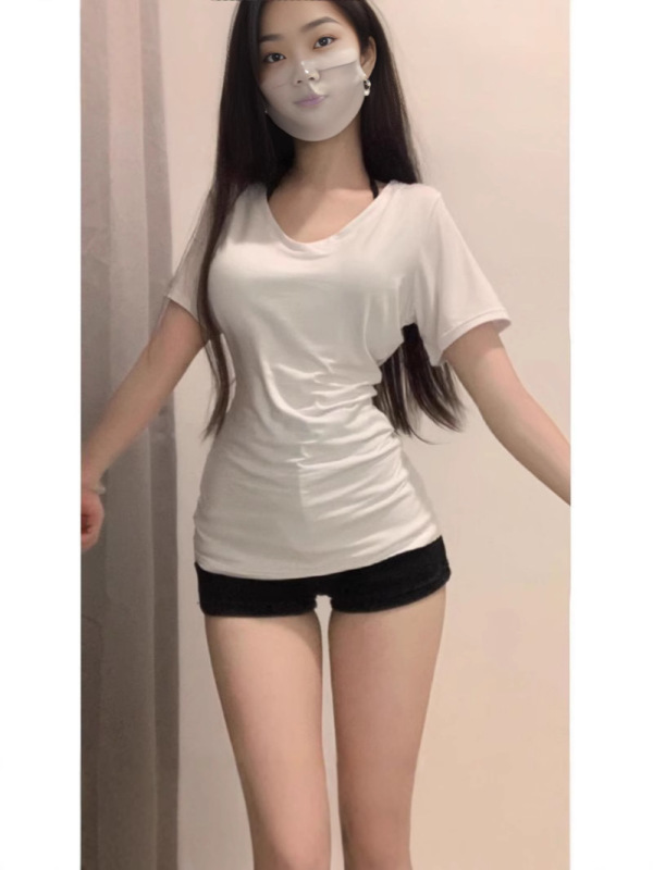 純綿ホワイトベーシックショルダーVネック半袖Tシャツレディース夏スリムウエスト痩身お腹カバーホットガールトップトレンディ|undefined