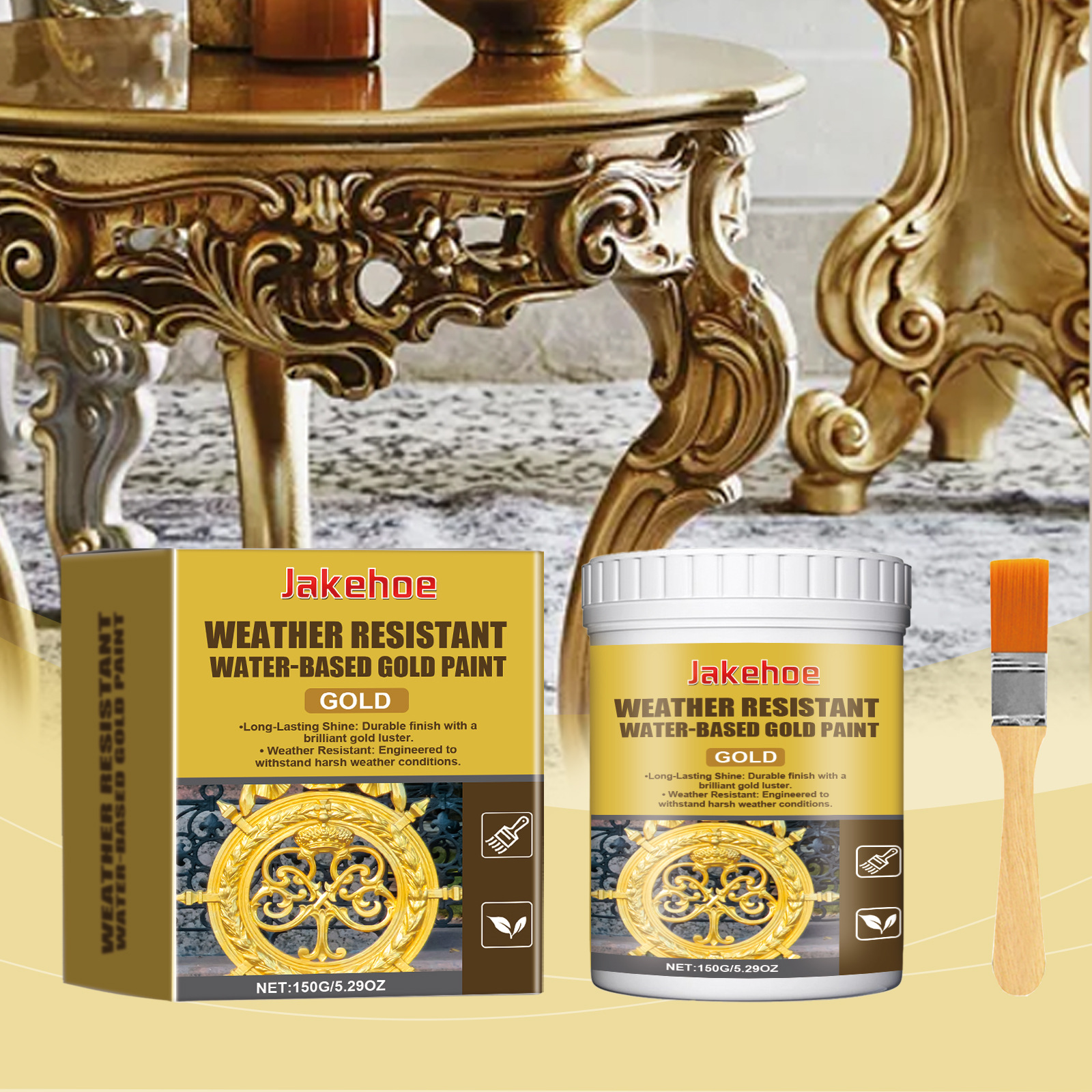 Jakehoe Weather-Resistant Water-Based Gold Paint, Metal Paint, Weather-Resistant Water-Based Gold Paint for Roman Column Decoration, Outdoor Gold Foil Paint