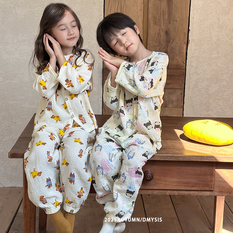 Mysis Kidsren's Pure Cotton Home Clothes Pajamas Set Gauze Air-Conditioning Clothes Moisture-Absorbing and Sweat-Wicking Kidsren's Style Can Be Worn Outside