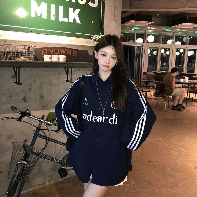 Andeardi Three-Stripe Jersey Style Long-Sleeved Shirt Women's Spring & Fall Printed Loose Sports Casual Couple Jacket