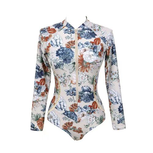 South Korean new slimming invisible sun protection long-sleeved zipper floral triangle one-piece swimsuit women's diving suit