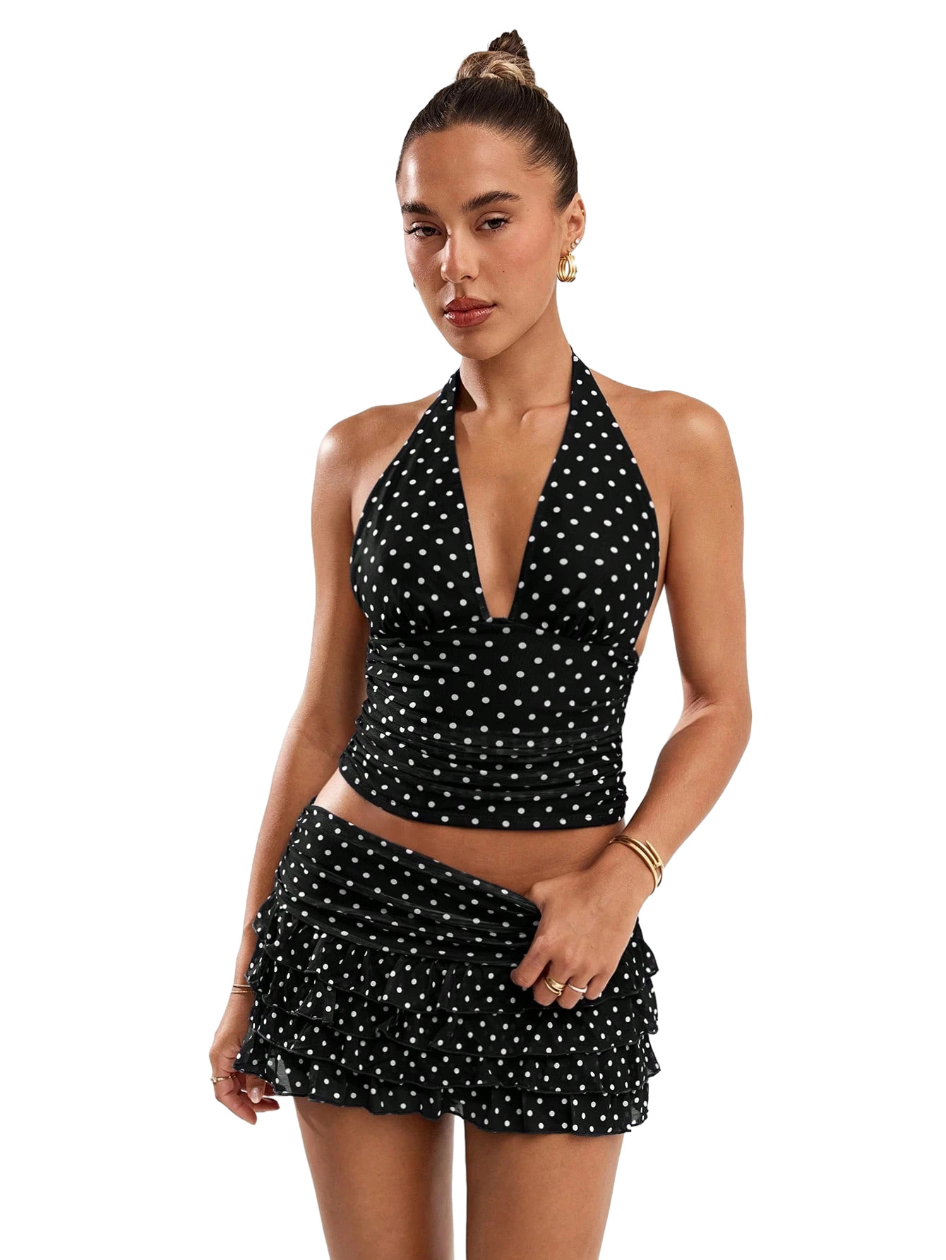 Completo donna top allacciato al collo pois e gonna volant_voghion.com