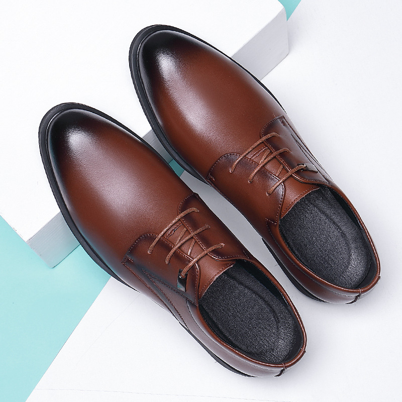 Men's Leather Shoes for Autumn and Winter, Large Size, British Style, Business Formal Wear, Height-Increasing, Fleece-Lined, Lace-Up Wedding Shoes, Fleece-Lined and Thickened Men's Leather Shoes for Autumn and Winter, Large Size, British Style, Business Formal Wear, Height-Increasing, Fleece-Lined, Lace-Up Wedding Shoes, Fleece-Lined and Thickened